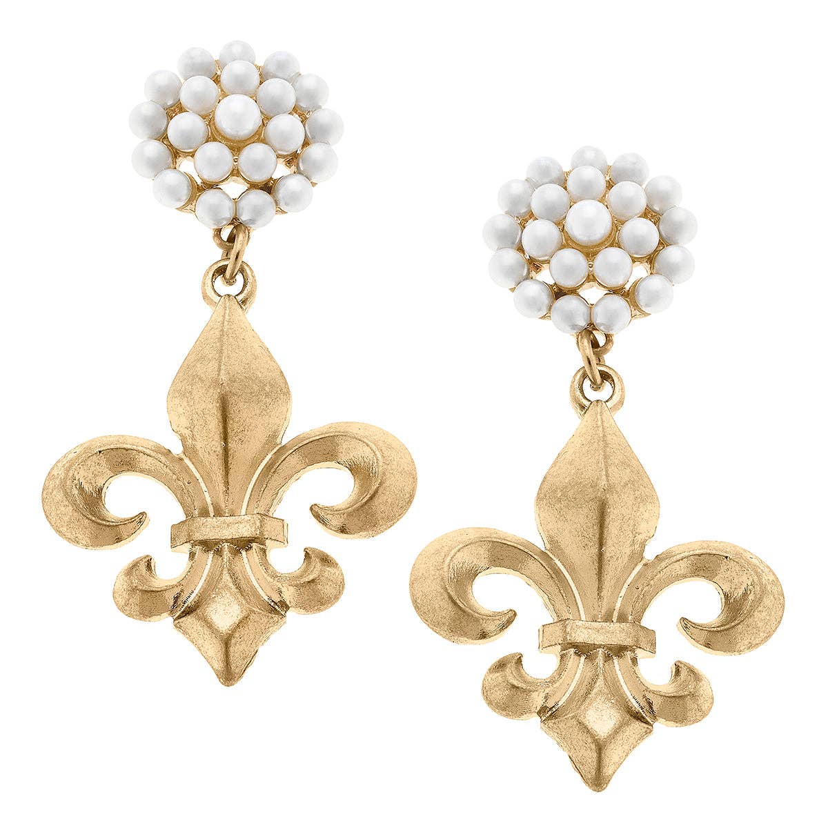 Fleur de Lis & Pearl Cluster Drop Earrings in Worn Gold