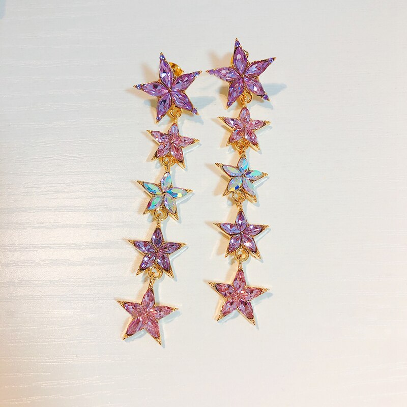 Colorful Star Flower Crystal Long  Drop Earrings