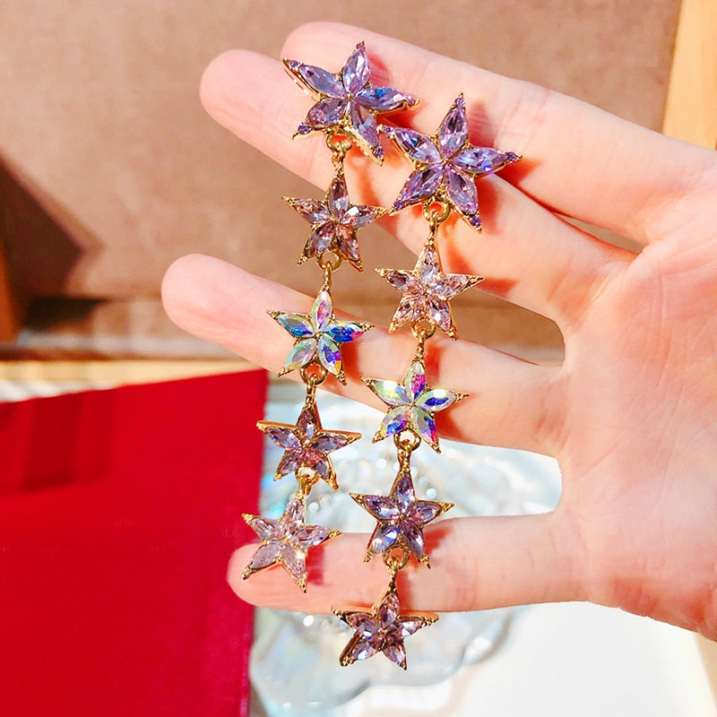 Colorful Star Flower Crystal Long  Drop Earrings