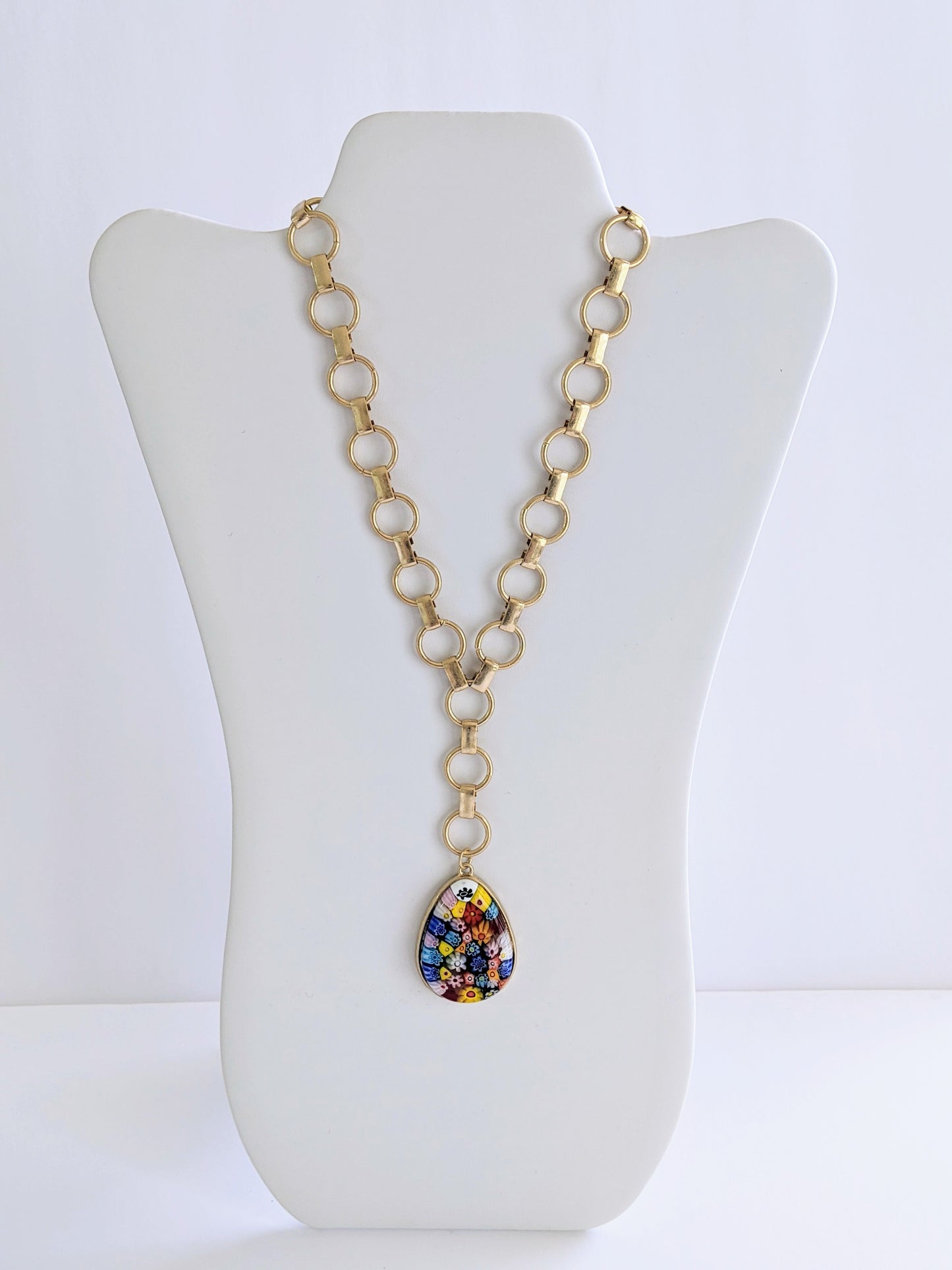 Millefiori Glass Teardrop Pendant Y Necklace in Multi