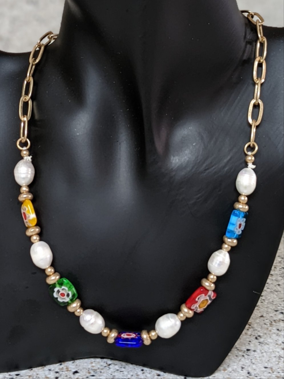 Millefiori Glass & Freshwater Pearl Paper Clip Chain Neck