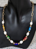 Millefiori Glass & Freshwater Pearl Paper Clip Chain Neck