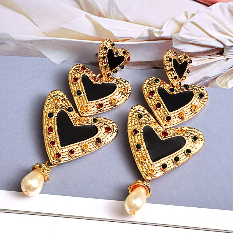 Black and Gold Heart Drop Earrings