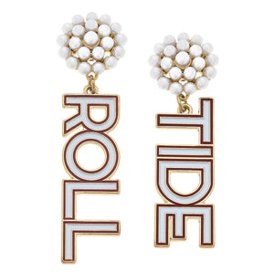 Roll Tide Enamel Pearl Cluster Drop Earrings in Crimson and White