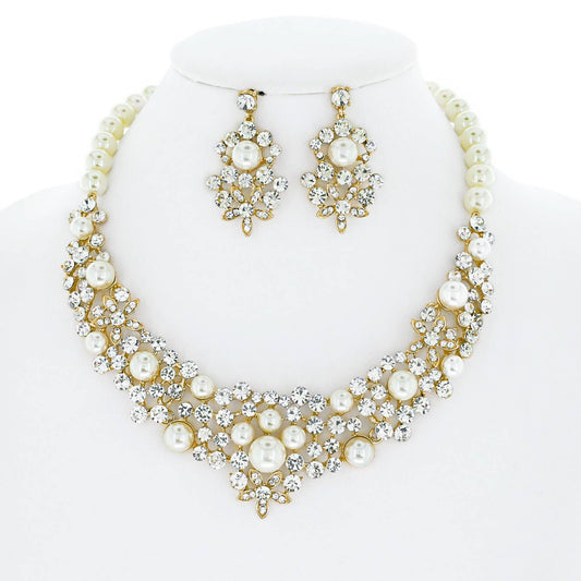 Floral Rhinestone and Pearl Bib Necklace & Earring Set