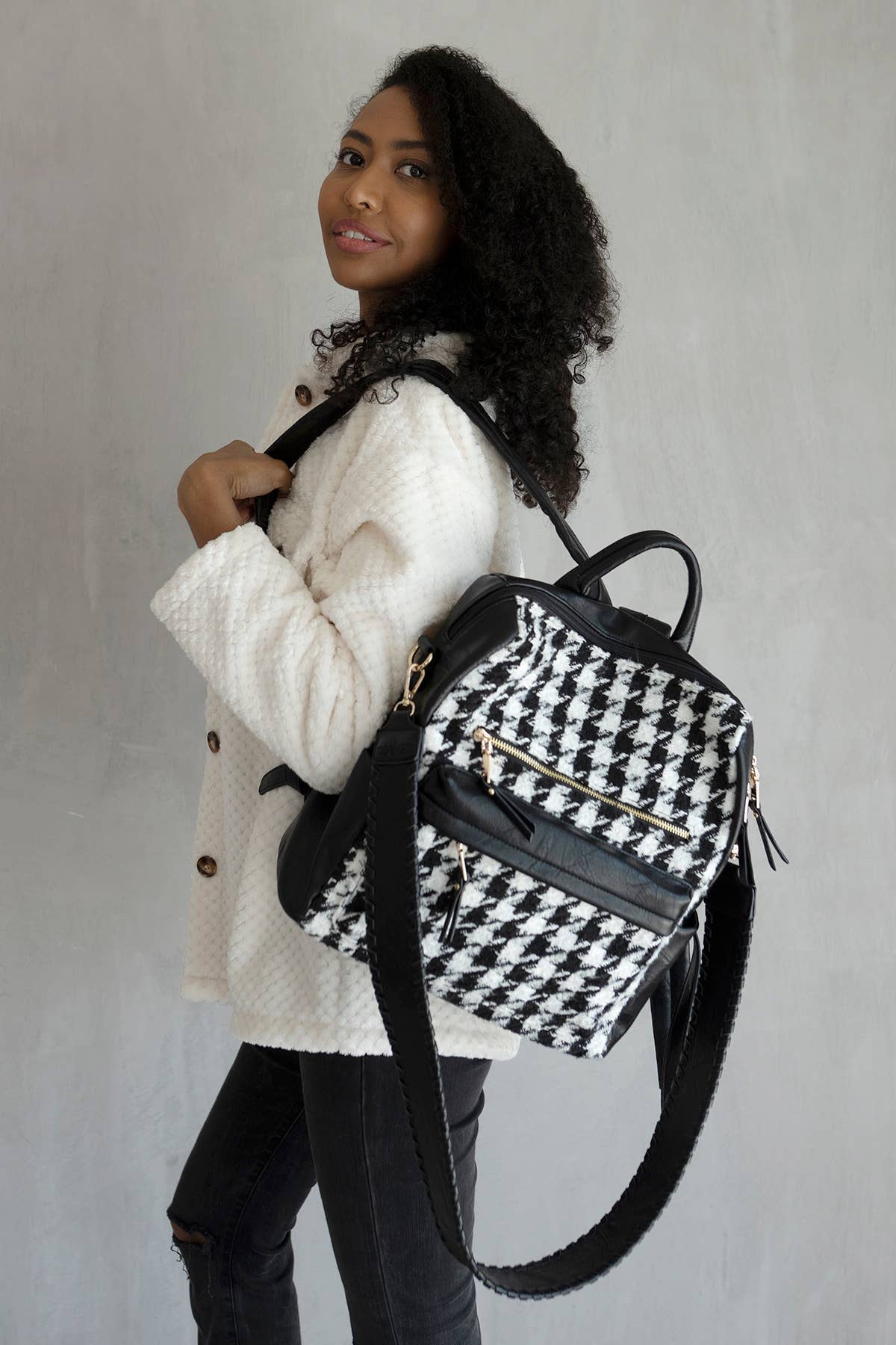 Black and White Houndstooth Backpack w/ Removable Strap